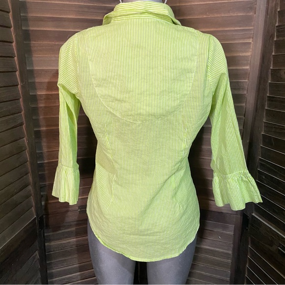 Gretchen Scott Priss Shirt Lime Green Pinstriped 3/4 Ruffle Sleeve Cotton Casual - Picture 5 of 10